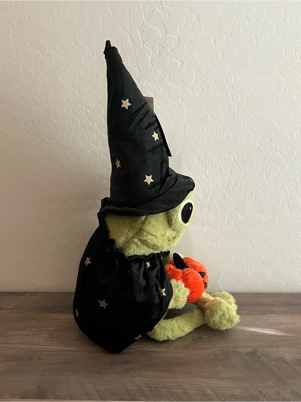 Moonlight Manor Green Frog Plush with Black Witch Hat Holding Orange Pumpkin